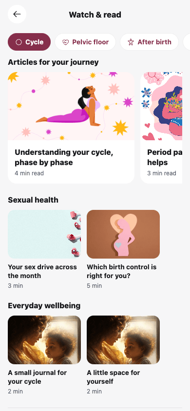 Cycle guides screen in the MomiCare app