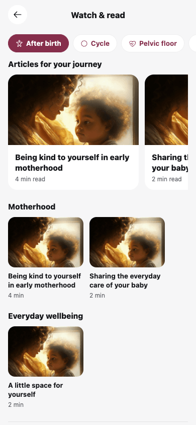 Parenting guides screen in the MomiCare app