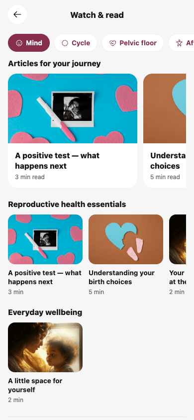 Pregnancy guides screen in the MomiCare app